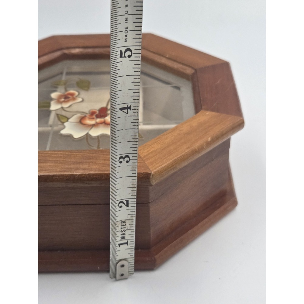 Vintage Wooden Jewelry Box With Flowers On Glass 6.5 in Octagon Lid. - Picture 8 of 10